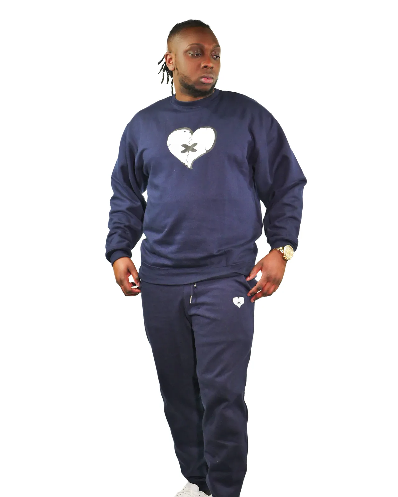 Reflective Heart Crewneck Sweatsuit in Navy